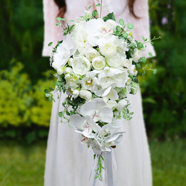 UMBB-4 Wedding Bouquets for Bride, White Phalaenopsis Artificial Roses Orchid Flowers Cascading Bridal Bouquets for Bride Fall Rustic Wedding Decoration