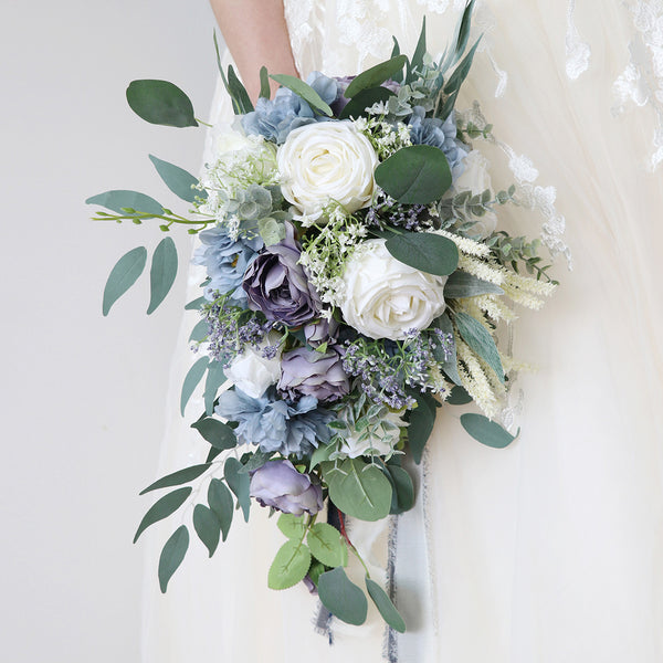 UMBB-8 Dusty Blue Cascading White Rose Bride Bouquet for Wedding Ceremony