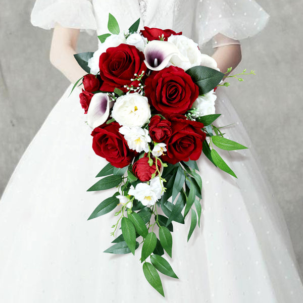 UMBB-6 Bridal Wedding Bouquet Calla Lily and Red Rose Artificial Flower Bouquet Outdoor Country Wedding Waterfall Cascading Bridal Bouquet