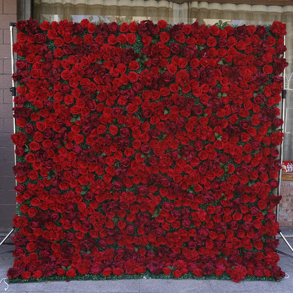 UM-W14 8ft*8ft Fake Red Rose 5D Flower Decoration Wall Roll Up Fabric Flower Wall Backdrop For Wedding