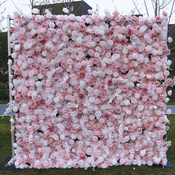 UM-W6 5D Roll Up Flower Wall Backdrop Pink White Rose Fabric Flower Plate Wall Decor Wedding Home Party Decoration Stage Backdrop