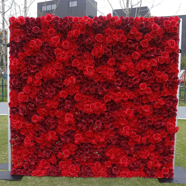 UM-W8 Silk Red Rose Flower Wall Panel Artificial Wedding Party Wall Decorations Roll Up 8*8ft Faux Flower Wall Backdrop