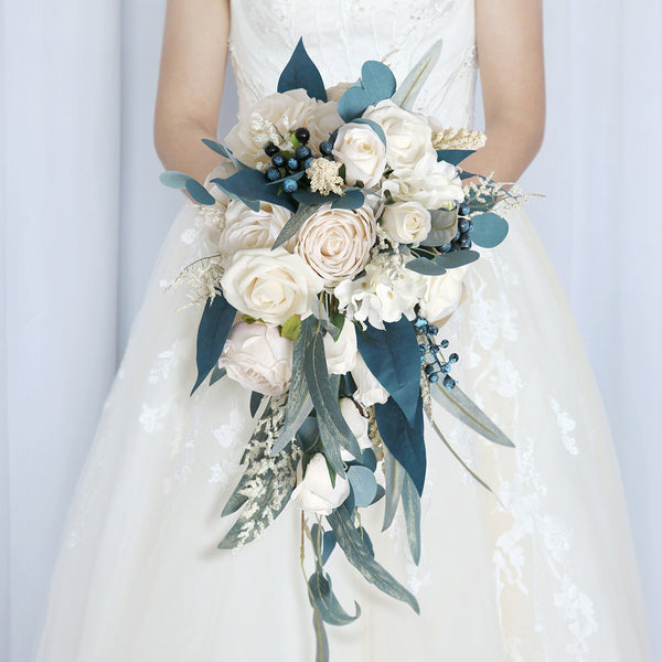 UMBB-2 Dusty Blue Cascading Wedding Bouquet Waterfall Silk Teardrop Rose Bouquet for Wedding Anniversary Ceremony Party