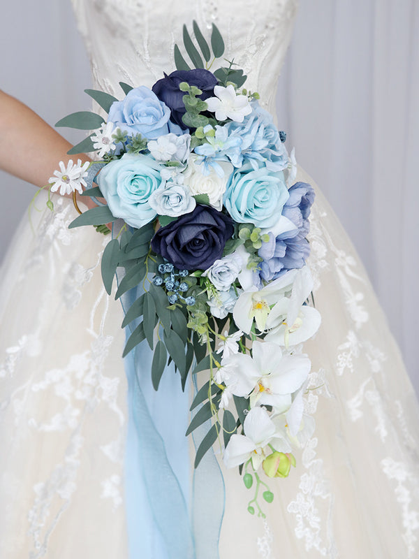 UMBB-1 Blue Wedding Bouquets for Bride Artificial Rose Flower Cascading Bridal Bouquet for Wedding Ceremony Anniversary