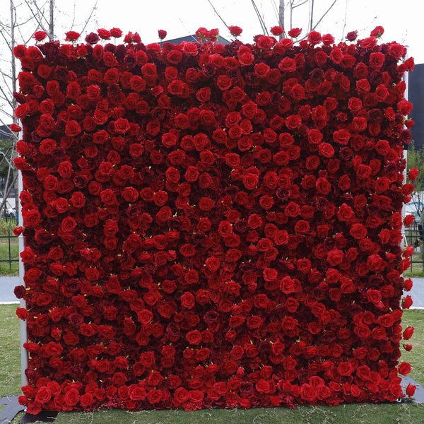 UM-W17 Red Rose Artificial Roll Up Flower Wall Backdrop 8*8 Faux Flower Panel for Wedding, Party, Nursery, Baby Girl Room, Home Decor