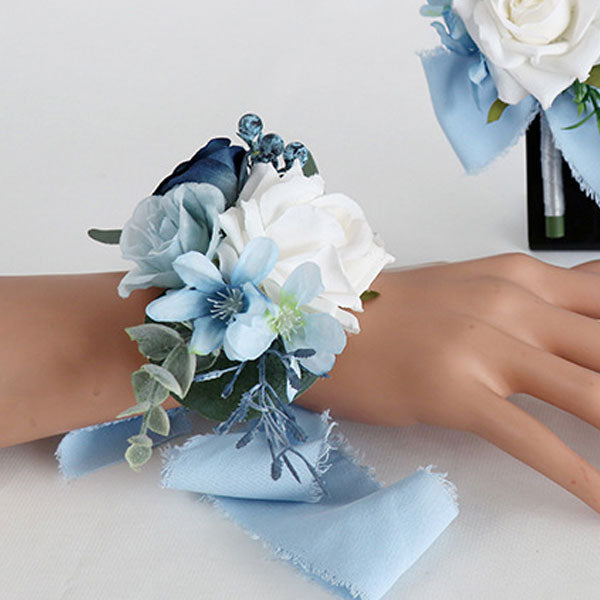 Set of 6 Dusty Blue Wrist Corsages for Wedding, Corsage Wristlet Bracelet Hand Flower