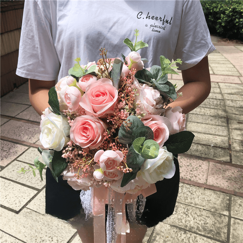 Beautiful Pink Bridal Flower Bouquet Silk 4 Beautiful Pink Bridal Flower Bouquet Silk 2