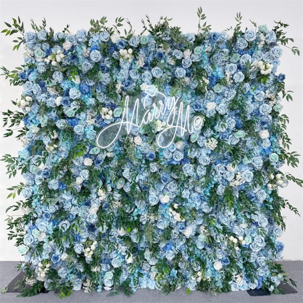 Fabric Flower Wall Backdrop With Blue Artificial Flowers