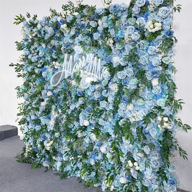 Fabric Flower Wall Backdrop With Blue Artificial Flowers 2 Fabric Flower Wall Backdrop With Blue Artificial Flowers 2