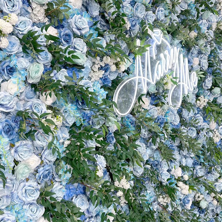 Fabric Flower Wall Backdrop With Blue Artificial Flowers 4 Fabric Flower Wall Backdrop With Blue Artificial Flowers 3