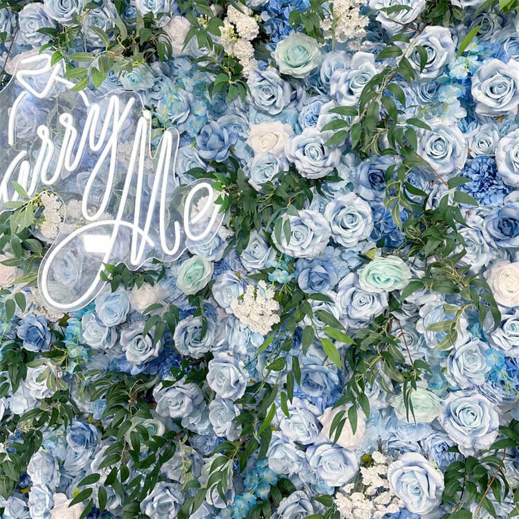 Fabric Flower Wall Backdrop With Blue Artificial Flowers 3 Fabric Flower Wall Backdrop With Blue Artificial Flowers 4