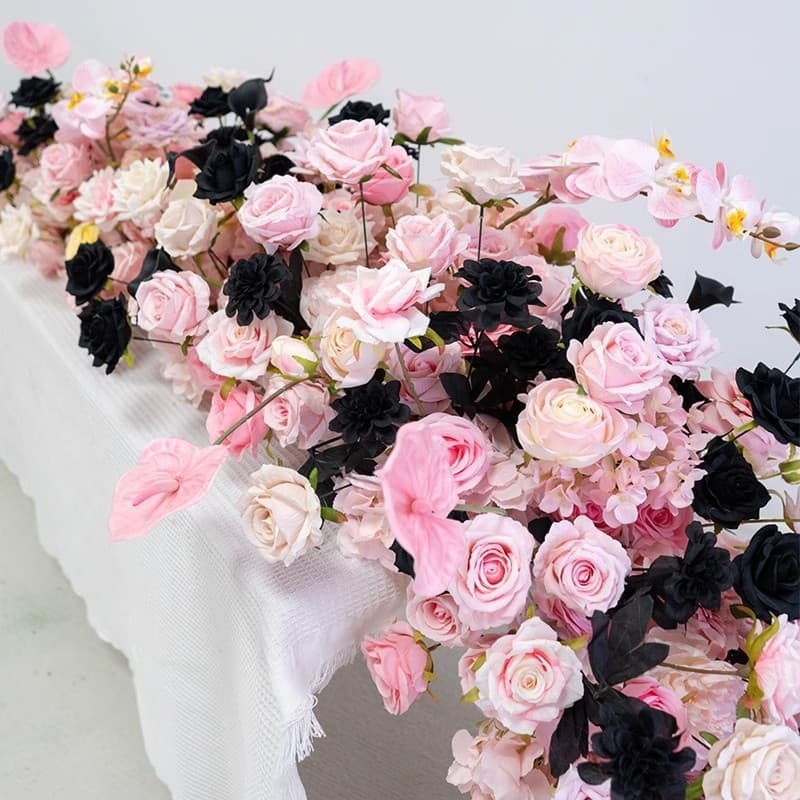 Fake Flower Table Runner With Pink And Black Flower 3 Fake Flower Table Runner With Pink And Black Flower 3