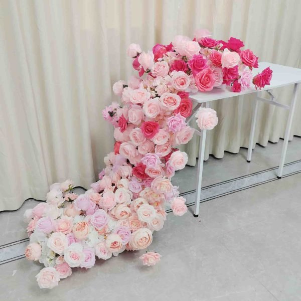 Flower Runner For Wedding Table With Artificial Pink Rose