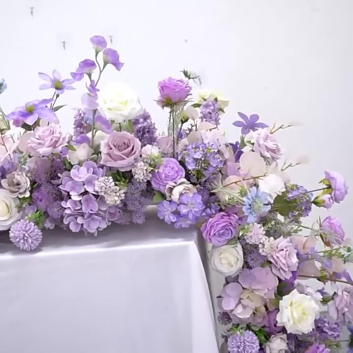 Wedding Flower Table Runner With Purple Artificial Flowers 2 Wedding Flower Table Runner With Purple Artificial Flowers 1