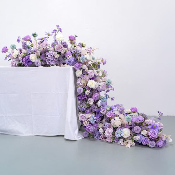 Wedding Flower Table Runner With Purple Artificial Flowers