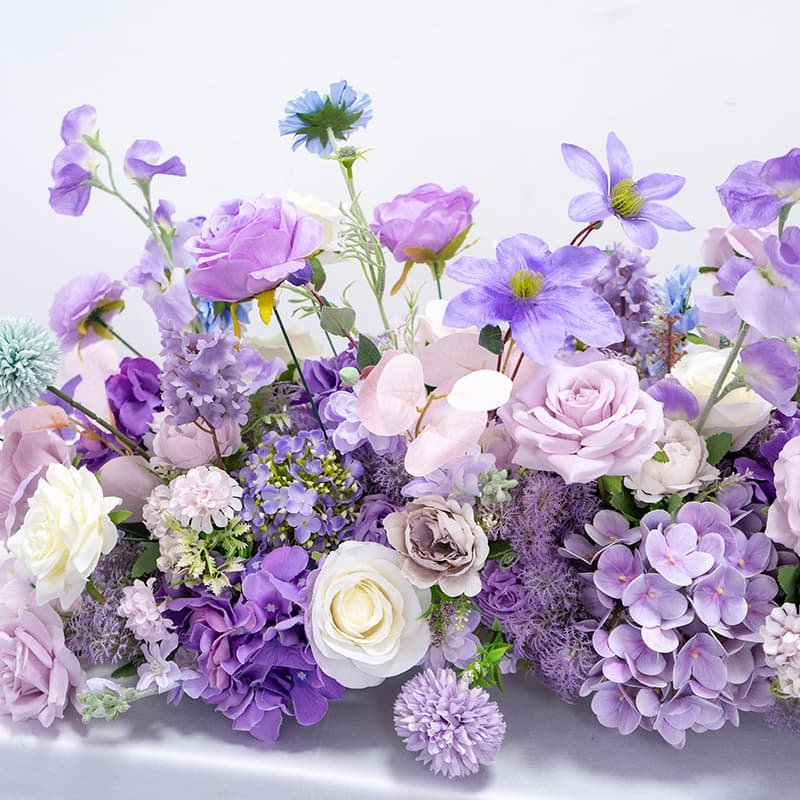 Wedding Flower Table Runner With Purple Artificial Flowers 5 Wedding Flower Table Runner With Purple Artificial Flowers 4