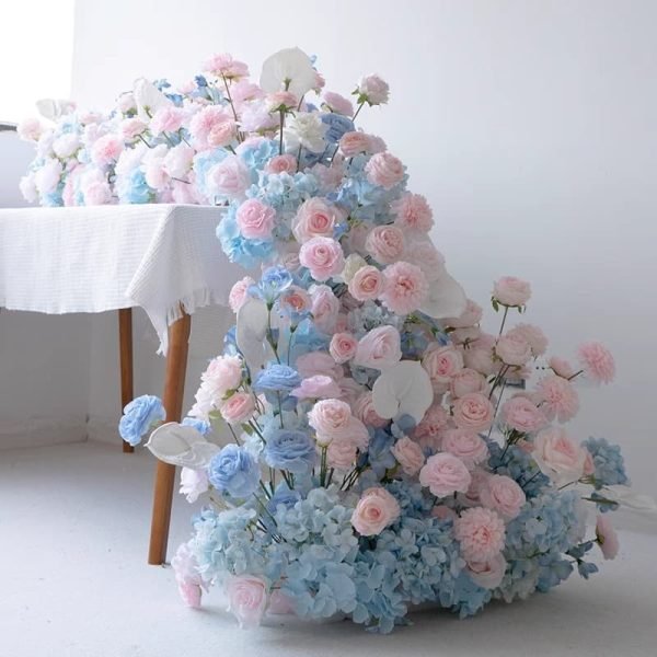 Wedding Table Flower Runner With Pink And Blue Silk Rose