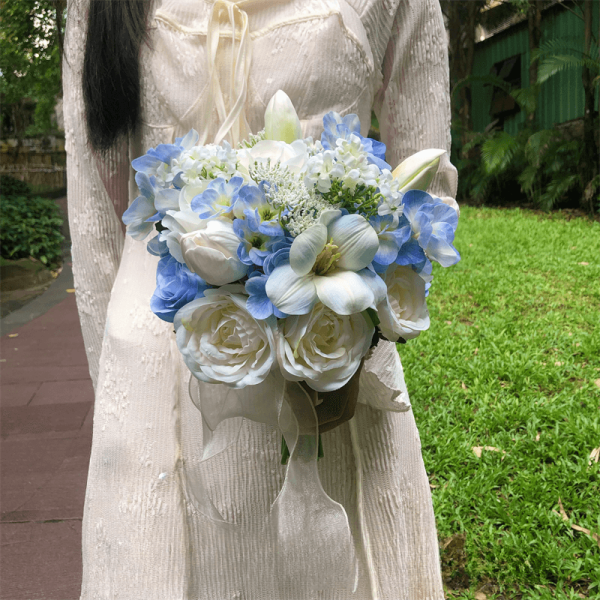 White And Blue Bridal Bouquet Artificial Flowers