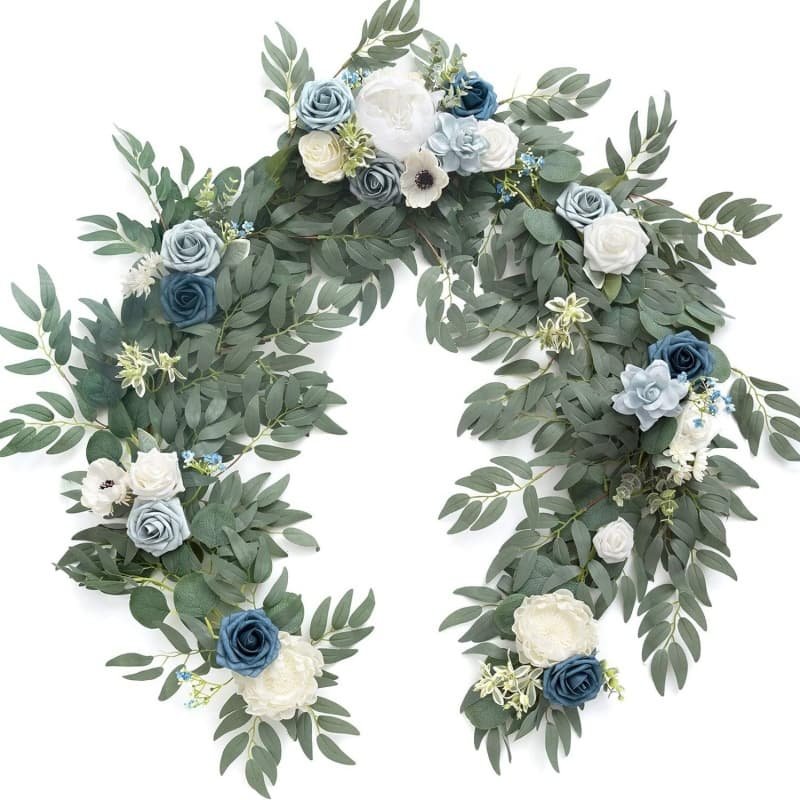Artificial Flower Garland for Wedding Party Head Table 13 faux eucalyptus wreath for table decoration with blue rose