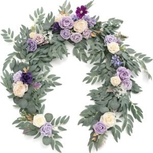 Faux eucalyptus wreath for dining table decoration with purple rose