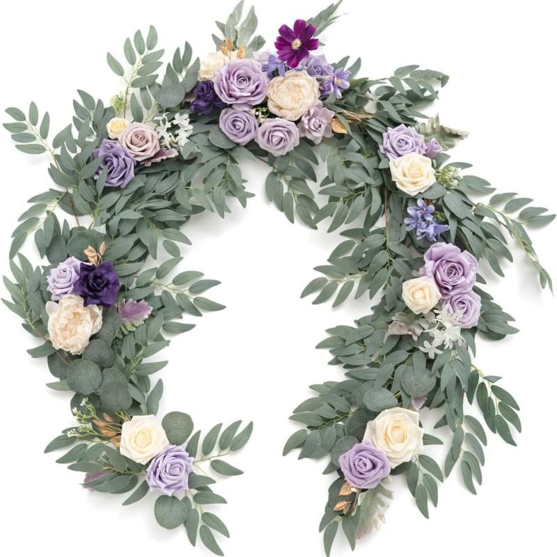 Artificial Flower Garland for Wedding Party Head Table 3 Faux eucalyptus wreath for dining table decoration with purple rose