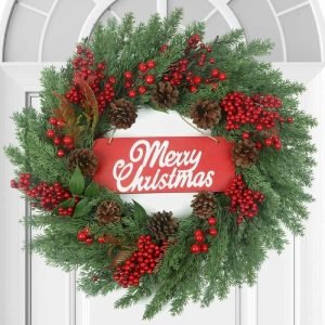 Artificial flower wreath with pine cones