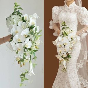 Wedding artificial cascade bouquet with flowing white flowers