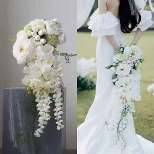 Elegant white artificial cascade bouquet for weddings