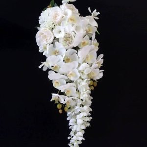 Artificial cascade bridal bouquet with white orchids