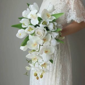 Wedding artificial cascade bouquet with white rose and orchids