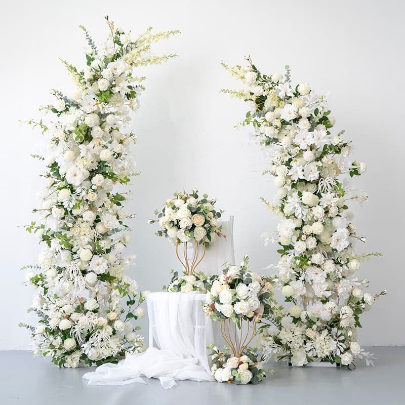 Artificial Flower Walls vs. Flower Arches: Which Is Better for Your Event Business? 2 Large artificial flower arch with full floral design for wedding ceremonies and event decorations
