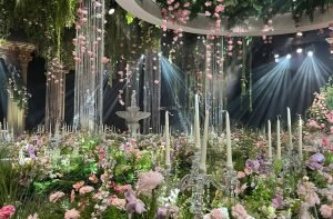 High-quality artificial wedding flowers arranged on a wedding arch for event decoration