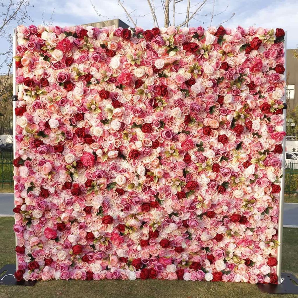 Artificial Flower Walls for Weddings: Sizes, Styles and Wholesale Buying Tips 2 Pink and red rose artificial flower wall for wedding backdrop, party decoration, and event photo area