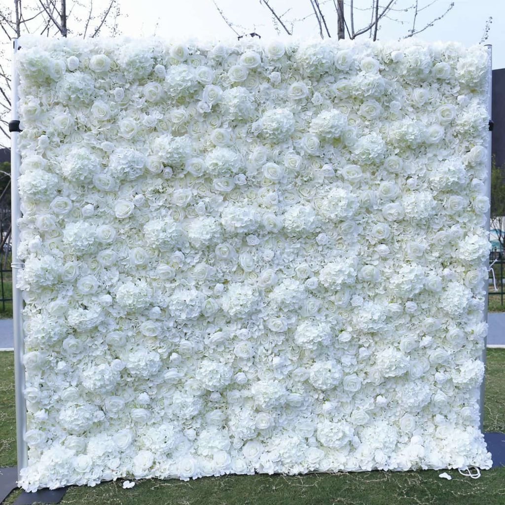 Artificial Flower Walls for Weddings: Sizes, Styles and Wholesale Buying Tips 1 White rose and hydrangea artificial flower wall for wedding ceremony backdrop and event decoration