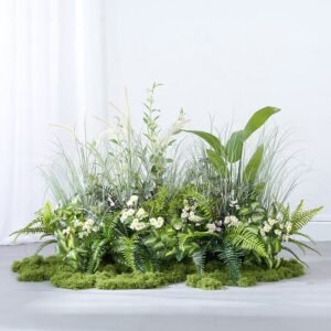 Artificial flowers and greenery arranged in a modern office reception area for long-term commercial decoration