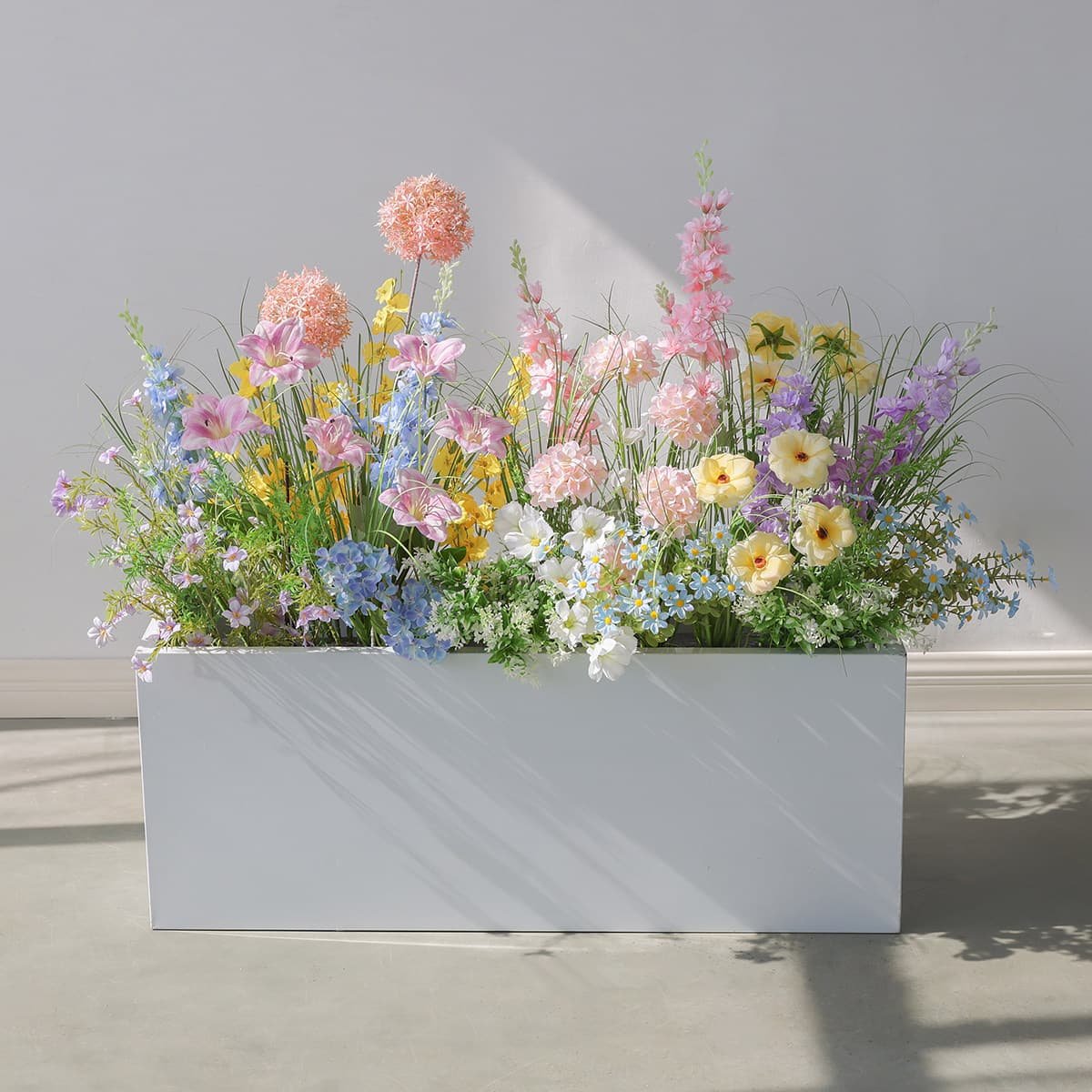 Artificial flower arrangements displayed in a retail showroom for seasonal visual merchandising