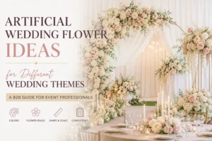 Blog 2 Artificial wedding flower ideas with a cream and blush floral arch, table arrangements, and coordinated wedding decor