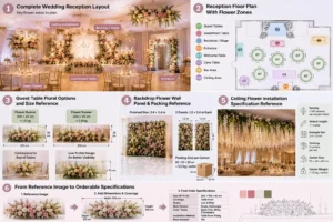 Blog 3 Artificial wedding reception flowers planned for guest tables, sweetheart table, backdrop, entrance, and ceiling areas