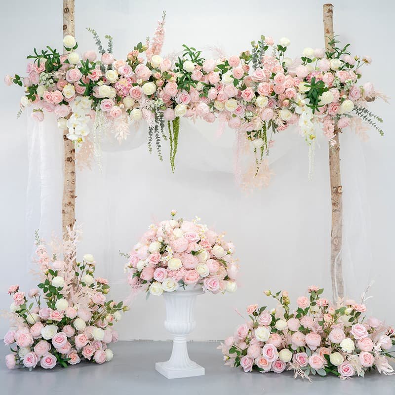 Coordinated artificial flower decorations for wedding ceremonies, reception tables, aisles and event backdrops
